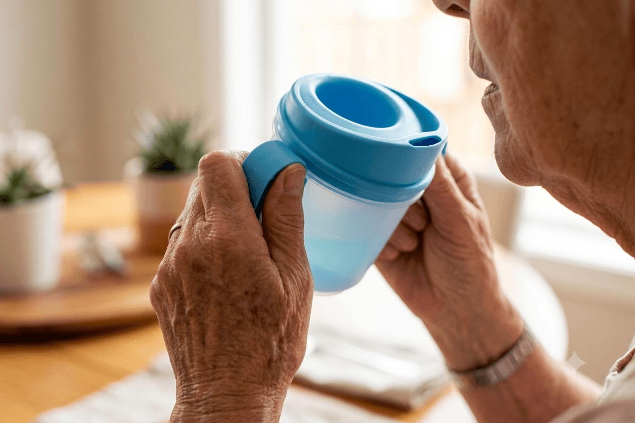 Provale Classic Cup — hands holding the cup with the blue lid